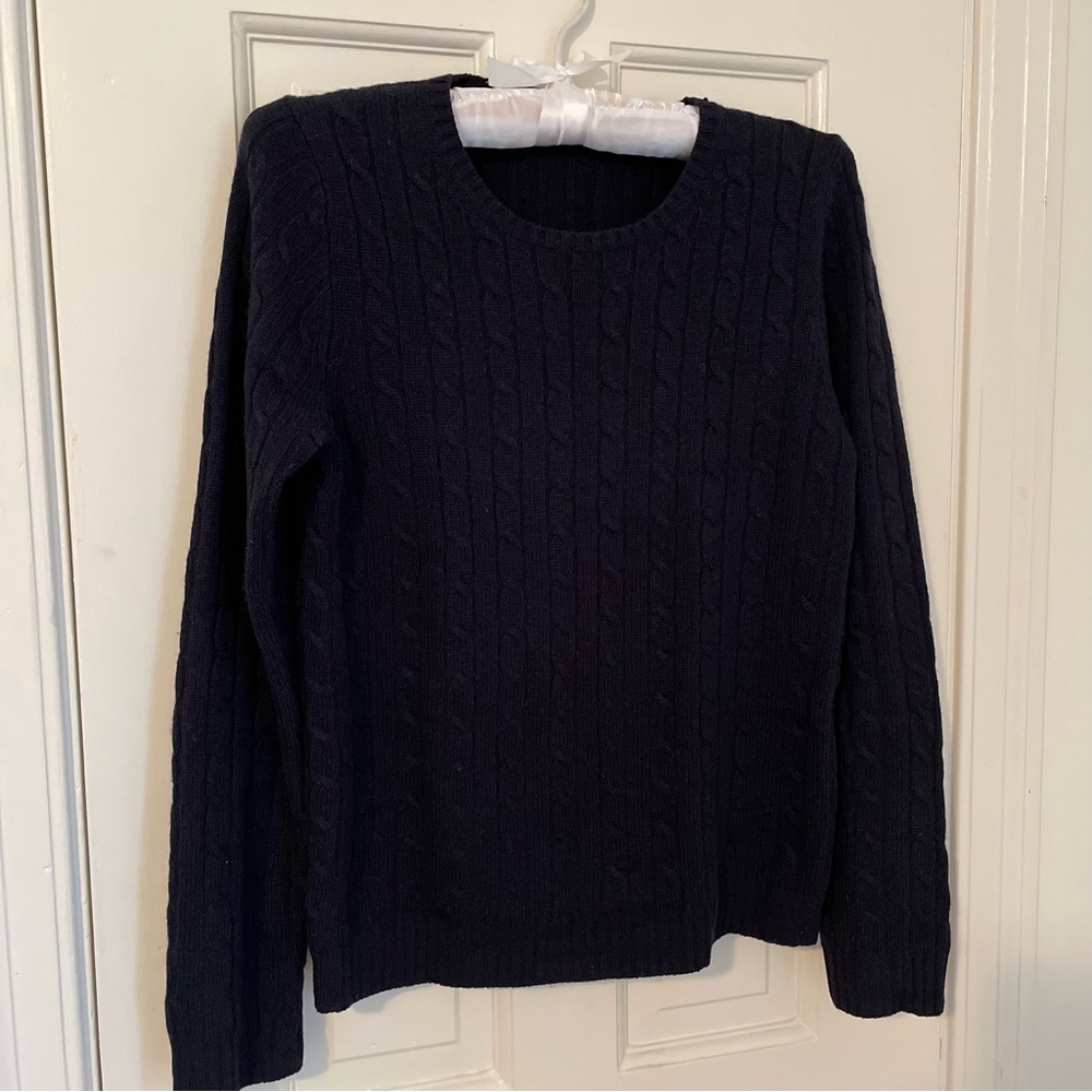 J. Crew Factory Wool Blend Cable Knit Crewneck Sweater, Navy Blue, Small